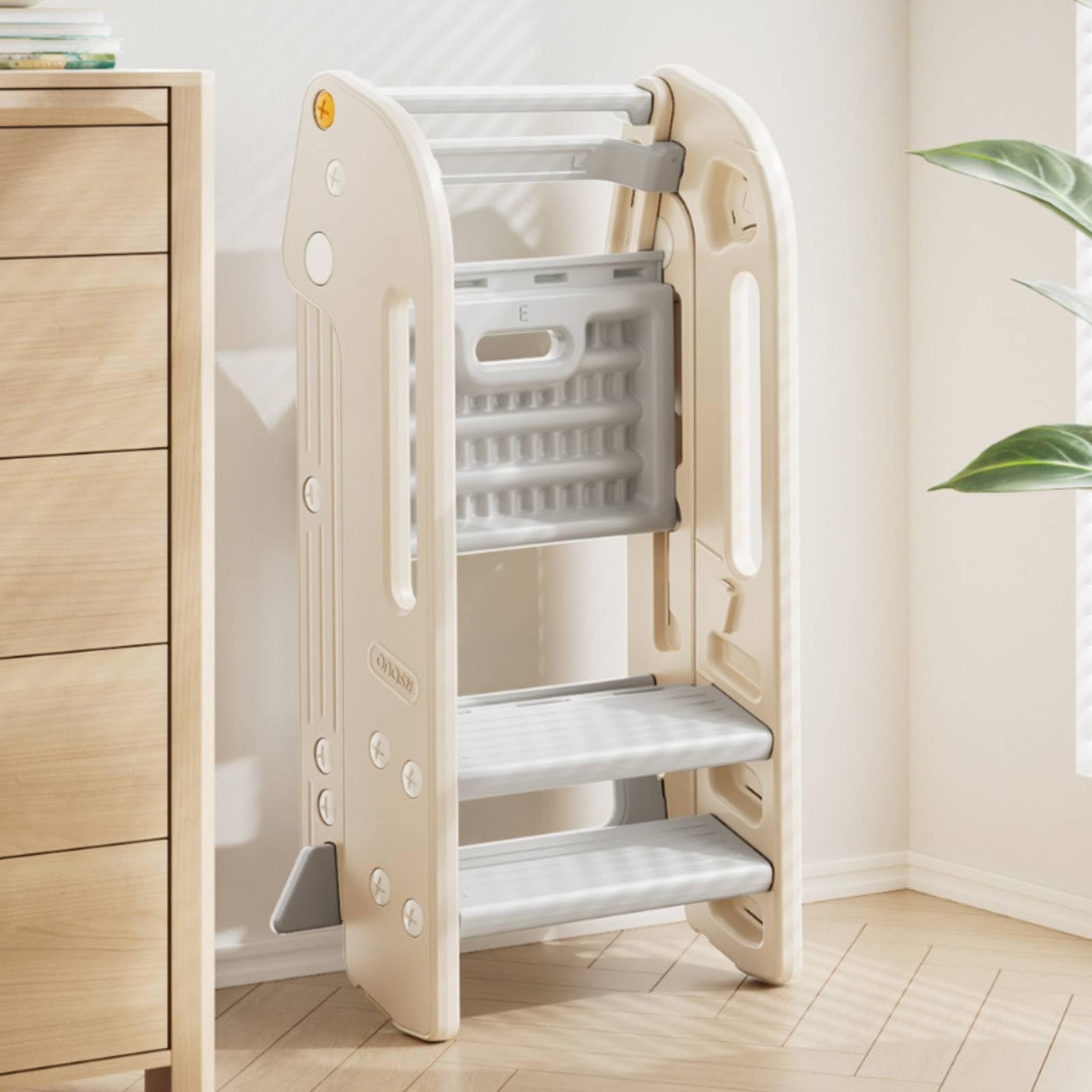 Milageto Taburete Plegable Infantil Escalón Torre de Aprendizaje Banco Elevador con de HDPE Antideslizante Adecuado para Baño Fregadero y Cocina en Casa, Gris Elegante