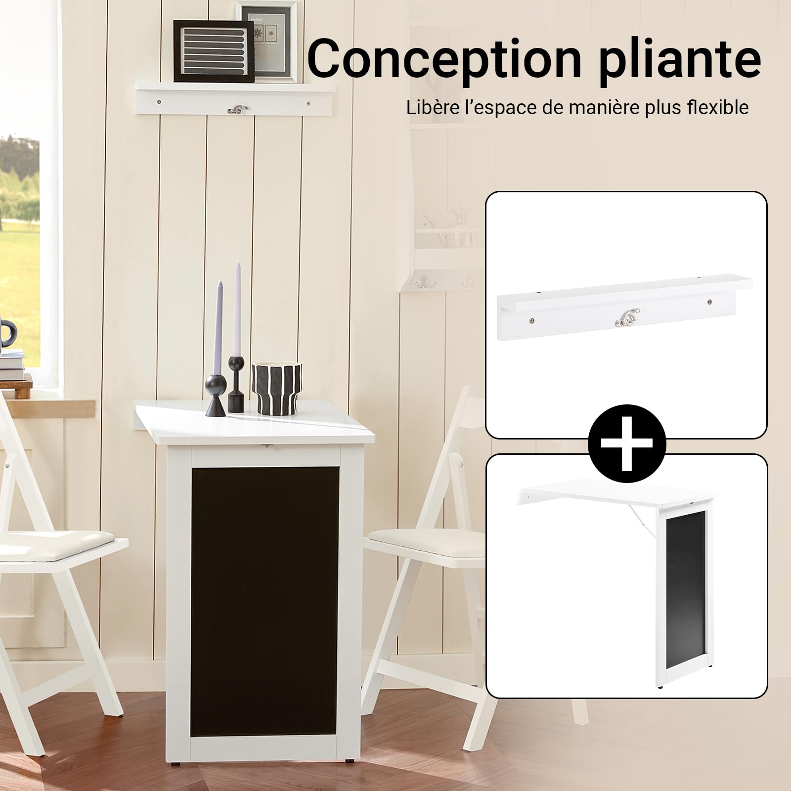 SoBuy Table Murale Rabattable avec Tableau Mémo, pliée 8 cm, 50×75×76cm | Table à Manger Pliable, charge 30 kg, repas & travail, entretien facile, MDF, pour cuisine & bureau & petits espaces, FWT20-W