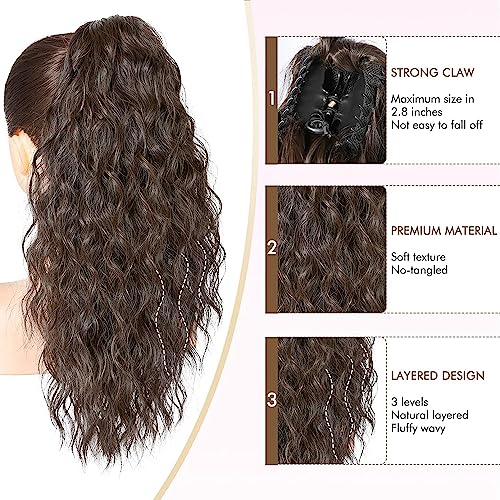 PORSMEER Ponytail Extension,Claw Clip Ponytail Hair Extensions Dark Brown Natural Looking Long Curly Wavy Multi Layered Fluffy Synthetic Hairpiece for Women Daily Wear or Party,18inch - Image 3