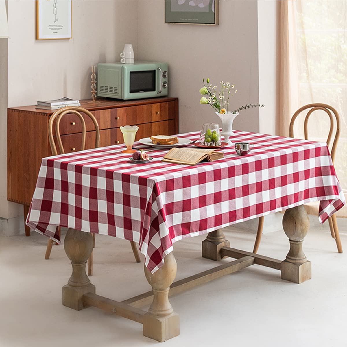tablecloth red plaid Oilproof Stain Resistant Wipe Clean Tablecloth Rustic Burlap Faux Linen Table Cloth Rectangle Table Cover for Dining Buffet Parties Camping55x118inch