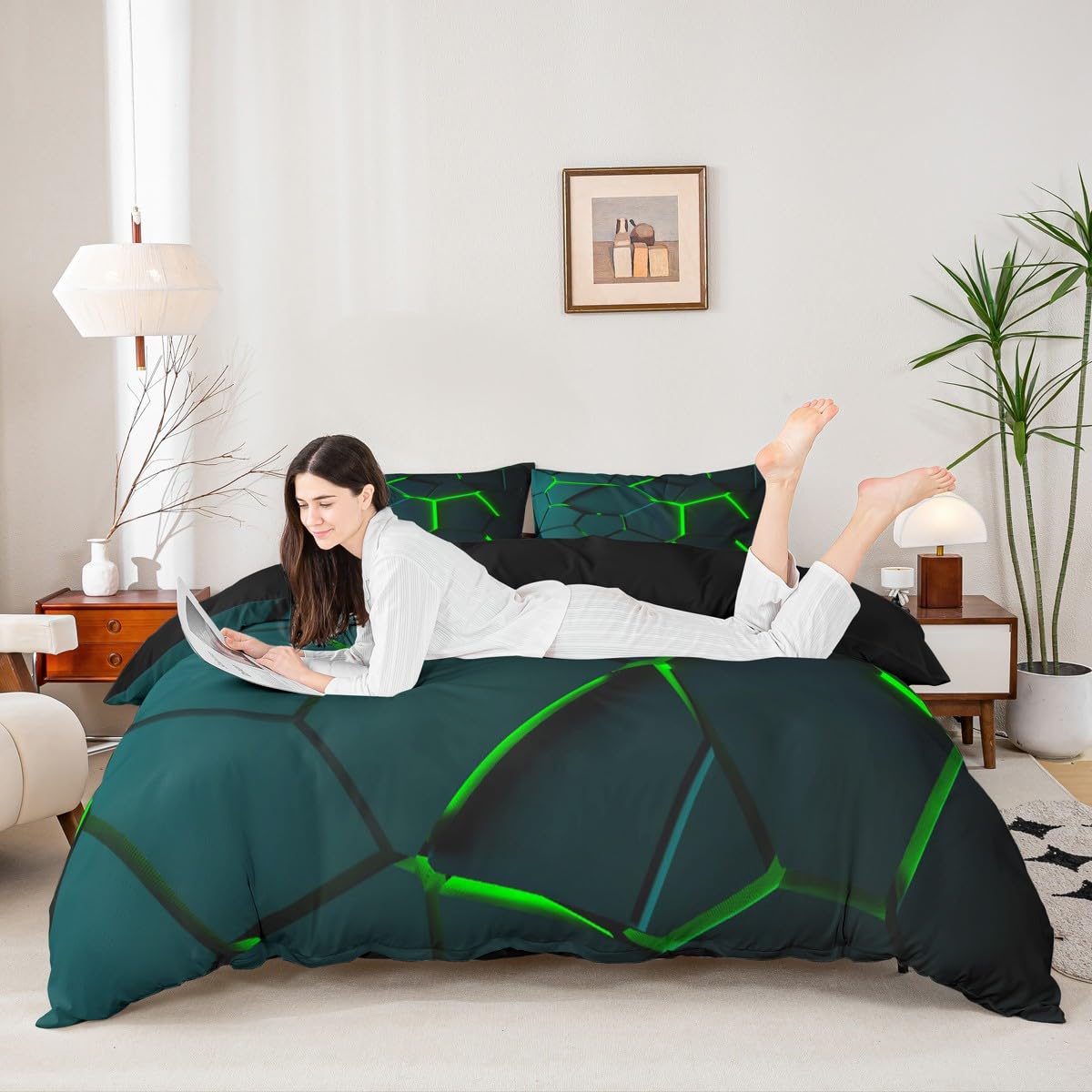 Loussiesd Hexagon Geometric Duvet Cover Women Girl Neon Hexagonal Bedding Single Green Black Modern Beehive Patterns Bedding Set Rug Print Zipper Closure - Image 4