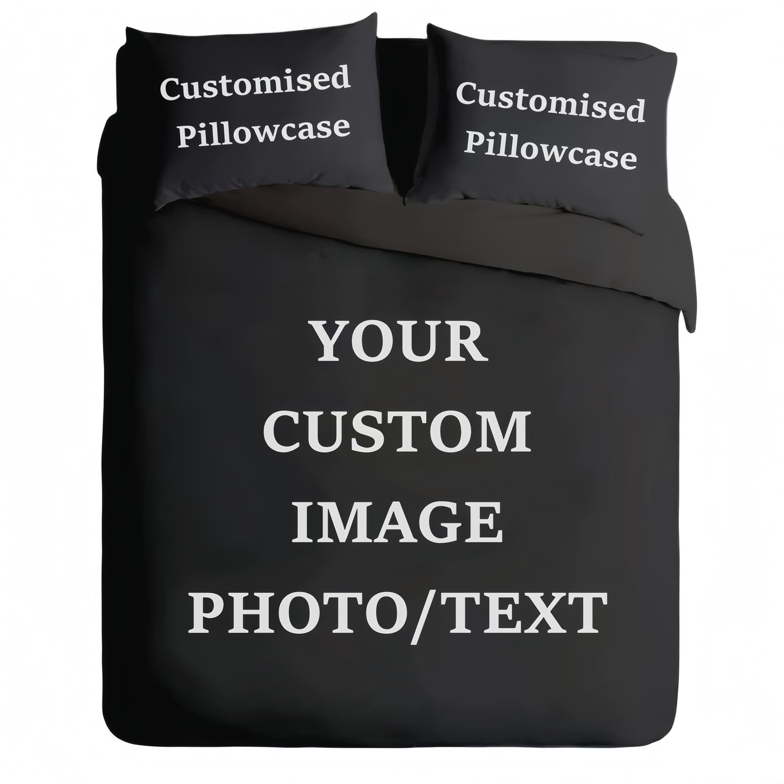 Peihuodan Black Personalized Bedding Set,Custom Single Double Duvet Cover Pillowcase With 3 Photo/Text,Customized Different Sizes,Universal For All Seasons,Suitable For Family,Couple (Double 50X75cm*2)