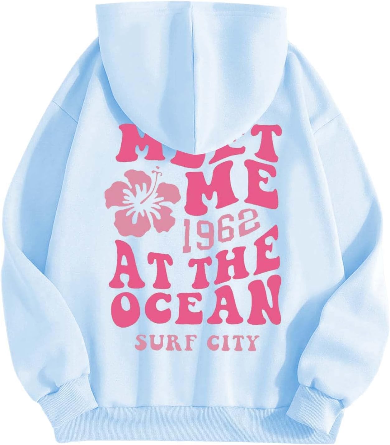 BUKKNYE Meet ME 1962 at The Ocean SURF City Hoodie for Women Fashion Flower Printed Long Sleeve Sweatshirts Pullover Plus Size