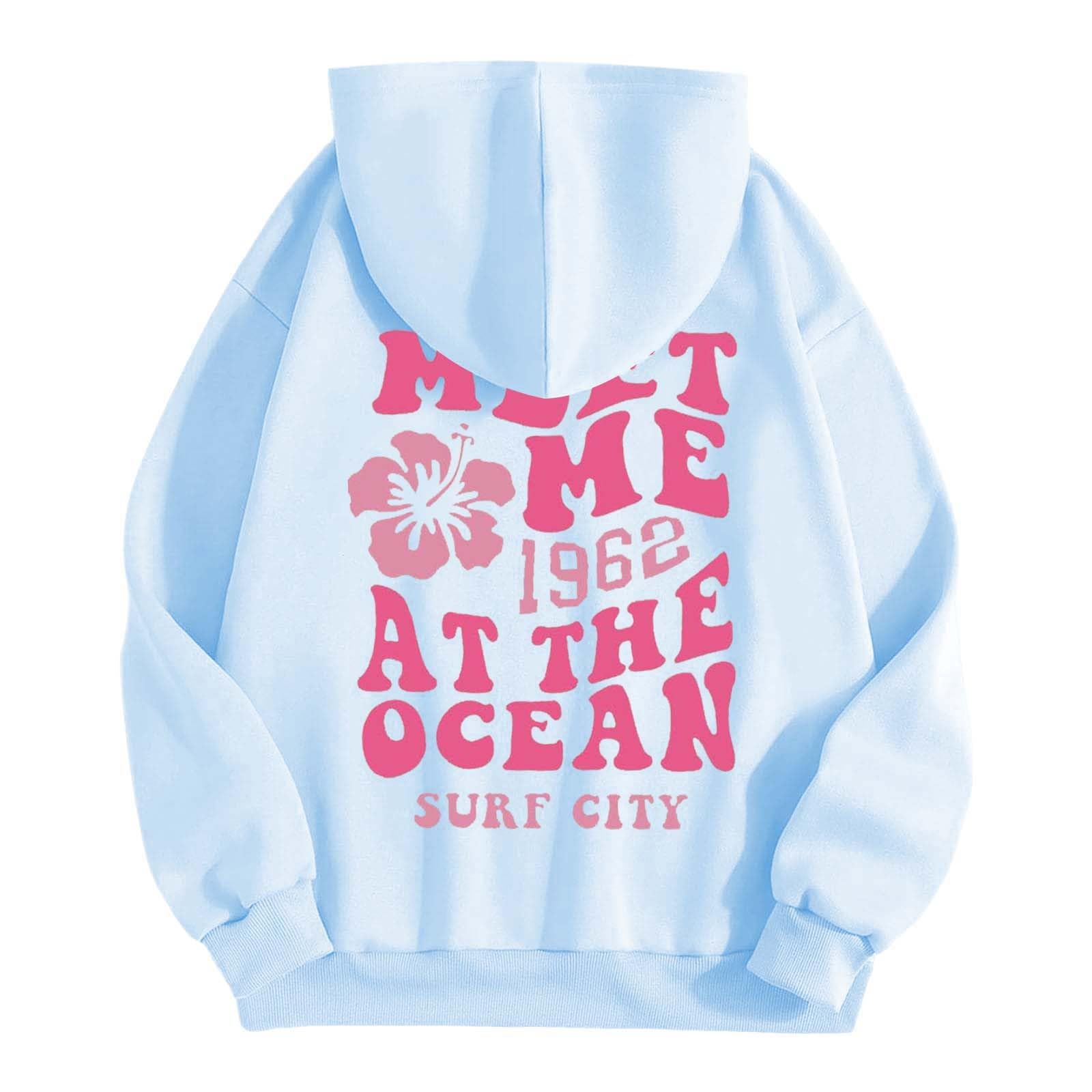 BUKKNYE Meet ME 1962 at The Ocean SURF City Hoodie for Women Fashion Flower Printed Long Sleeve Sweatshirts Pullover Plus Size