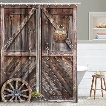 RosieLily Rustic Barn Door Shower Curtain Farmhouse Wooden Wood Country Plank Decor Brown Wildlife Western Fabric Polyester Waterproof 72W x 72H Inch with Hooks American Country Style