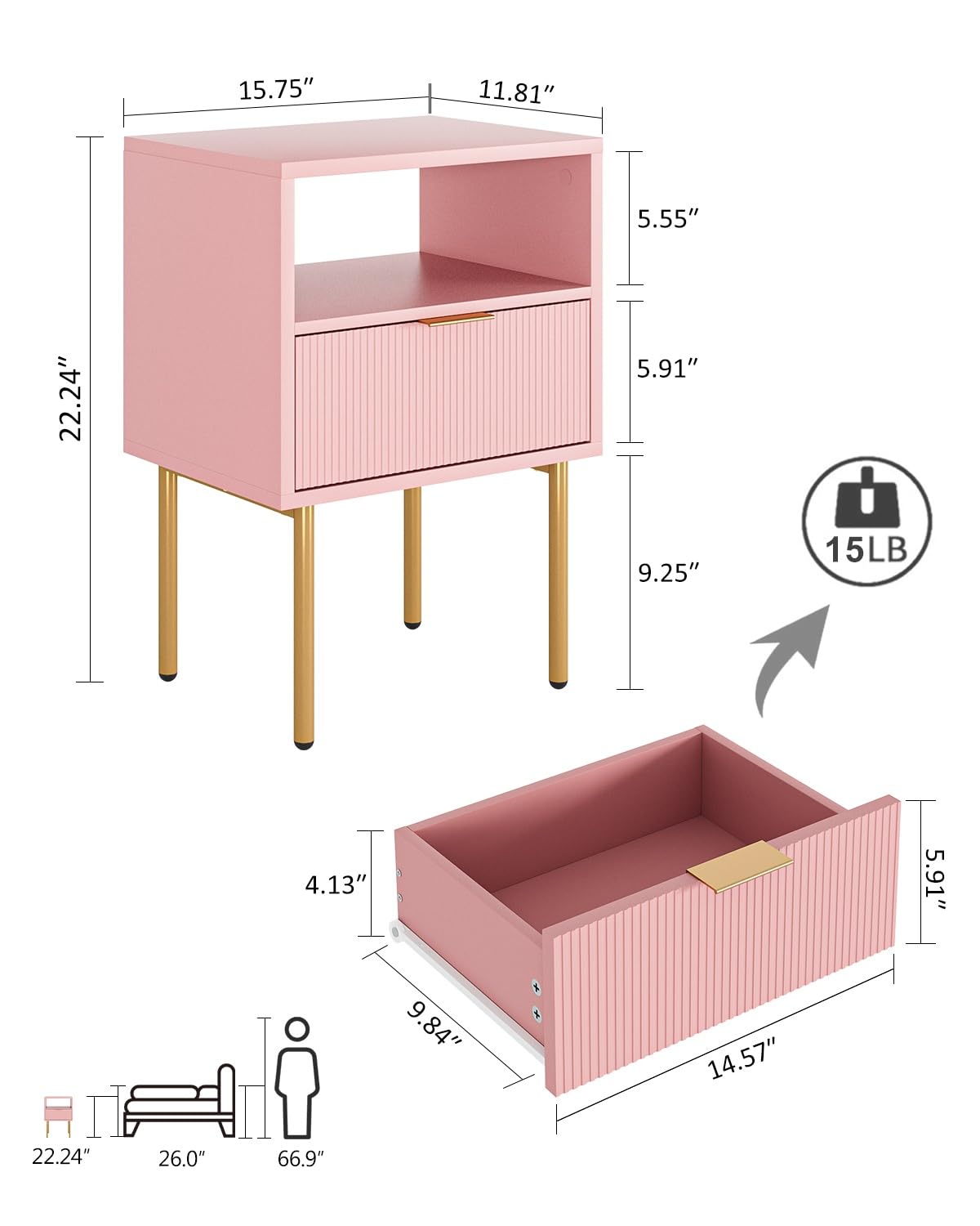 HEYZOEY Comodino, comodino con 1 ripiani aperti e 1 cassetto, comodino moderno, per camera da letto, soggiorno, rosa