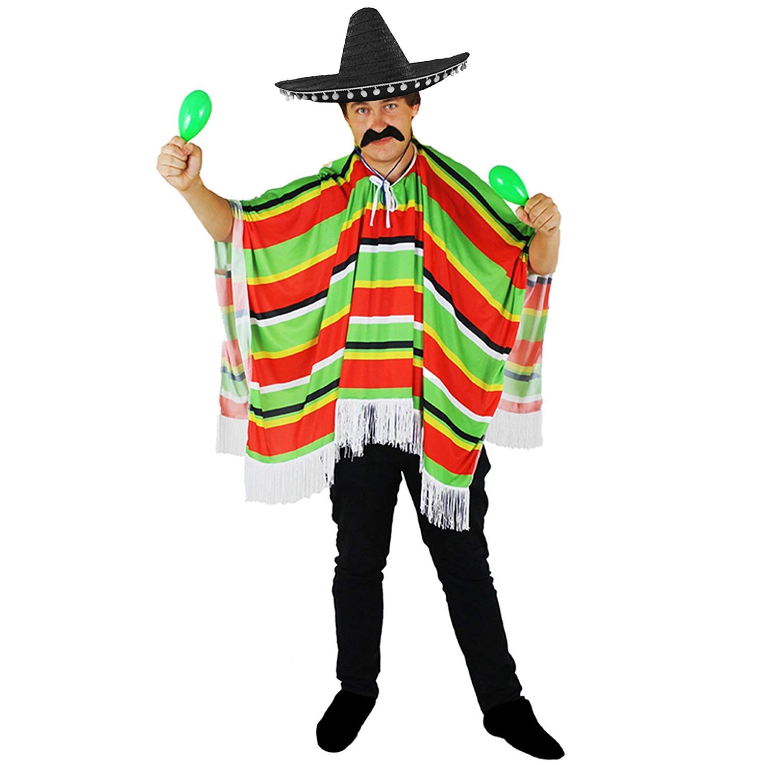 MEXICAN MULTI COLOURED PONCHO + BLACK SOMBRERO WITH POM POM EDGING + MEXICAN STYLE TASH AND CIGAR PERFECT FOR ANY ADULTS FANCY DRESS PARTY FOR MEN OR WOMEN