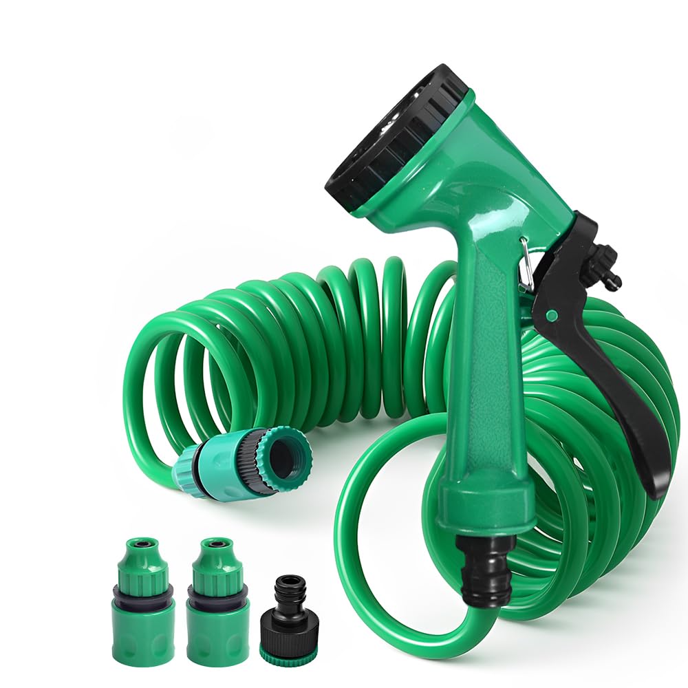 Tubo Flessibile a Spirale Irrigazione, Acqua Tubo Estensibile da Giardino, Spirale Giardino con 5 Funzioni Spruzzo, Applica Giardinaggio Irrigazione Prato (7.5M)