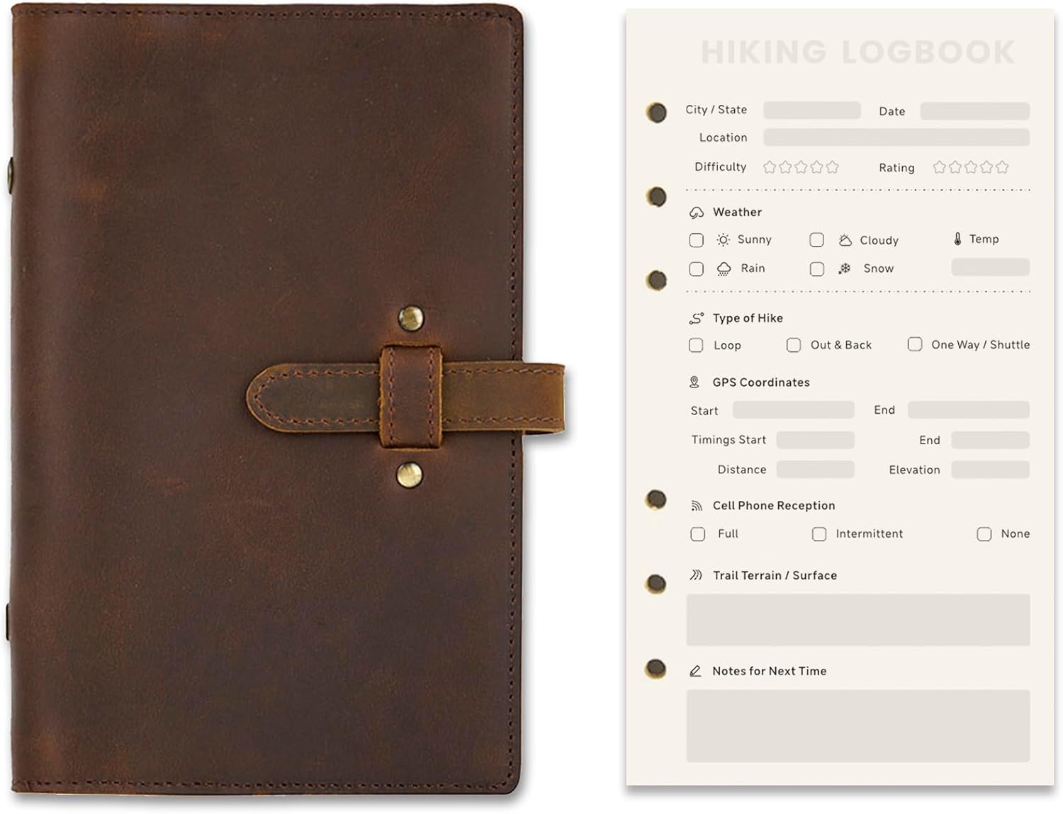 Hiking Logbook, Hiking Journal with Prompts to Write in, Compact A6 Travelers Notebook with Refillable Pages & Card Slot, Perfect Hiking Gift for Women