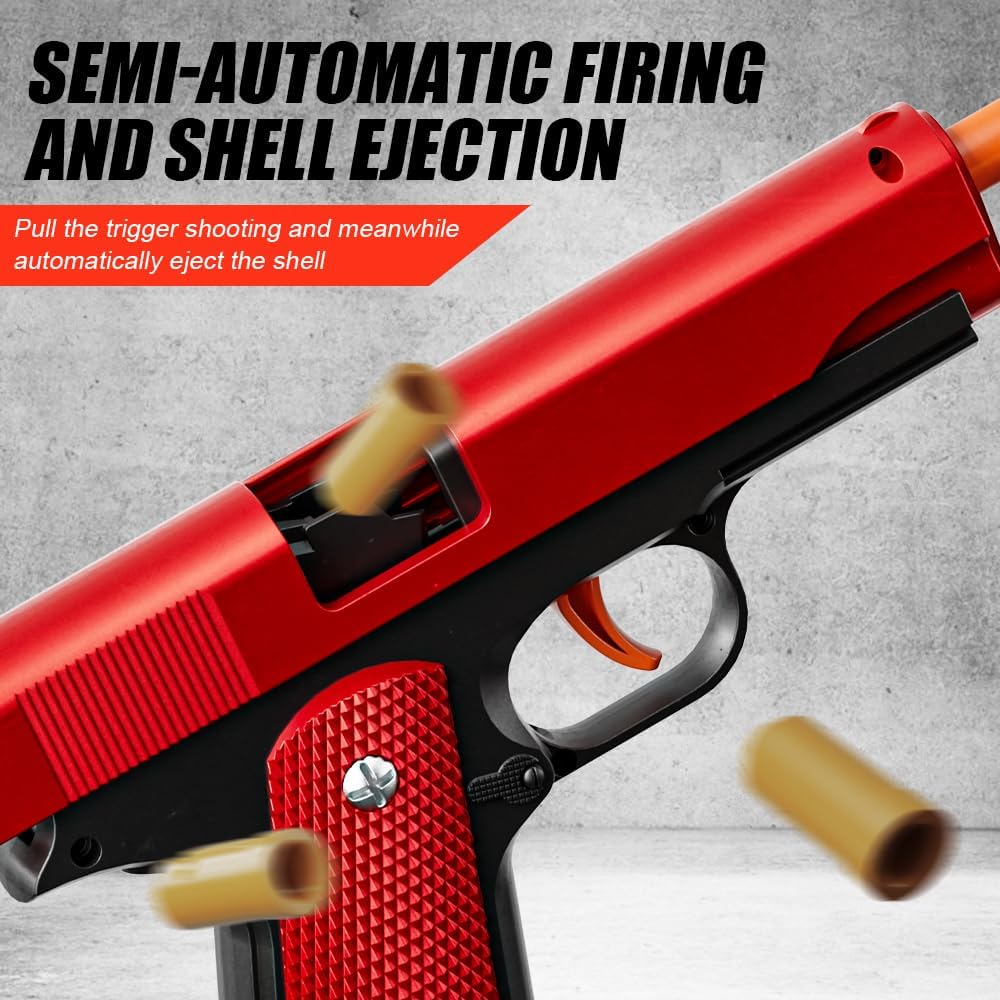 2Pack 1911 Shell Ejecting Pistol Toys Gun - Semi-Automatic Handgun with Soft Bullet and Auto Rebound, Outdoor Game Toy Foam Blasters & Guns for Boys Halloween Christmas Birthday Gifts (Black+Red) - Image 3