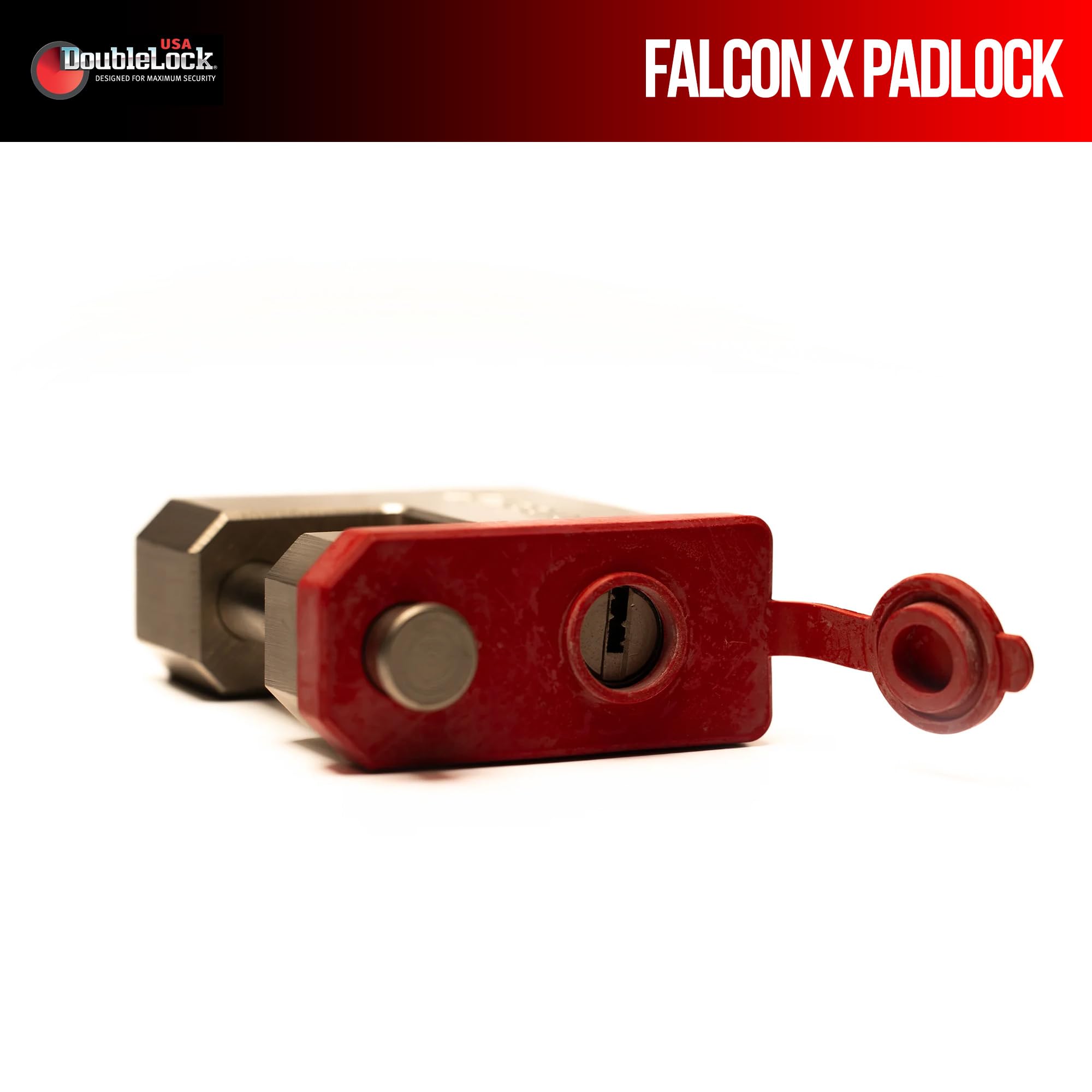 DoubleLock Falcon Brass -X Max Duty - Candado resistente de 1/2 pulgada, cilindro de 6 pines con 5 llaves cortadas con láser y tapa disuasoria roja - Seguridad resistente a la intemperie para