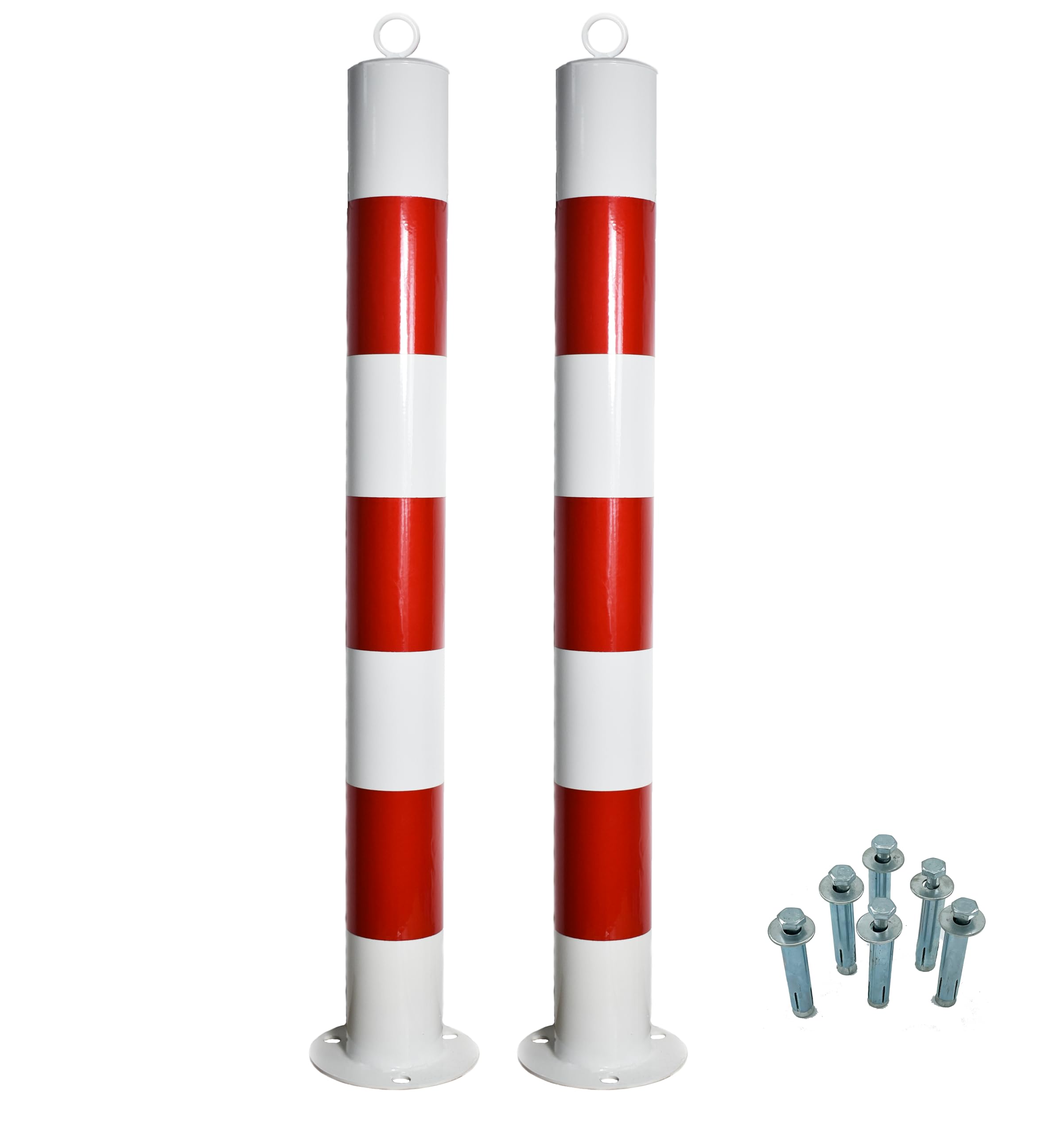Postes de bloqueo de metal rojo y blanco, diámetro de 76 mm, altura de 750 mm, 1 ojal para acero, resistente, soporte estable, juego de bolardos con tornillos de fijación (2 unidades)