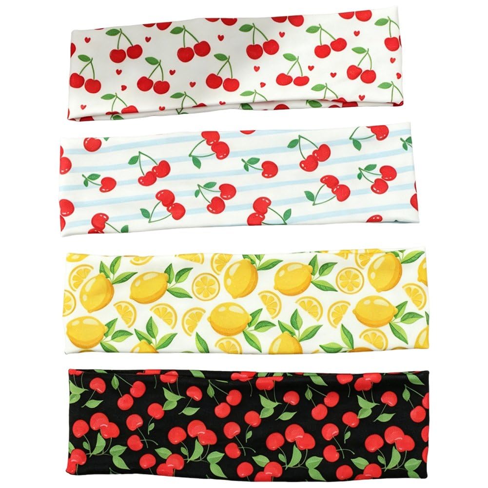 Sslvya 4 Pcs Fruit Headbands for Women, Trendy Wide Head Bands Non Slip Wraps Elastic Hairbands Workout Yoga Hair Bands Hair Accessories