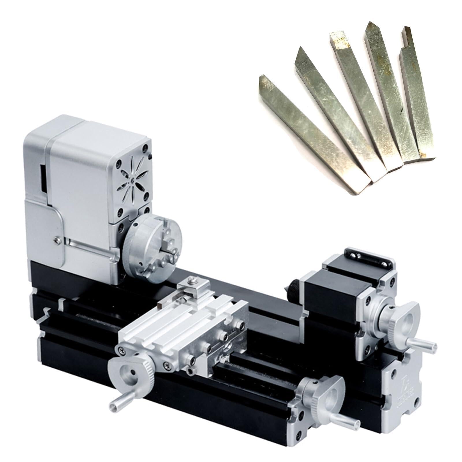 Mini Metal Lathe with 5-Piece 4x4mm Carbide Tipped Cutter Set – 20000 RPM Motor, 0.02mm Precision, All-Metal Construction, for Turning Soft Metal/Wood/Acrylic – Ready to Use Out of the Box