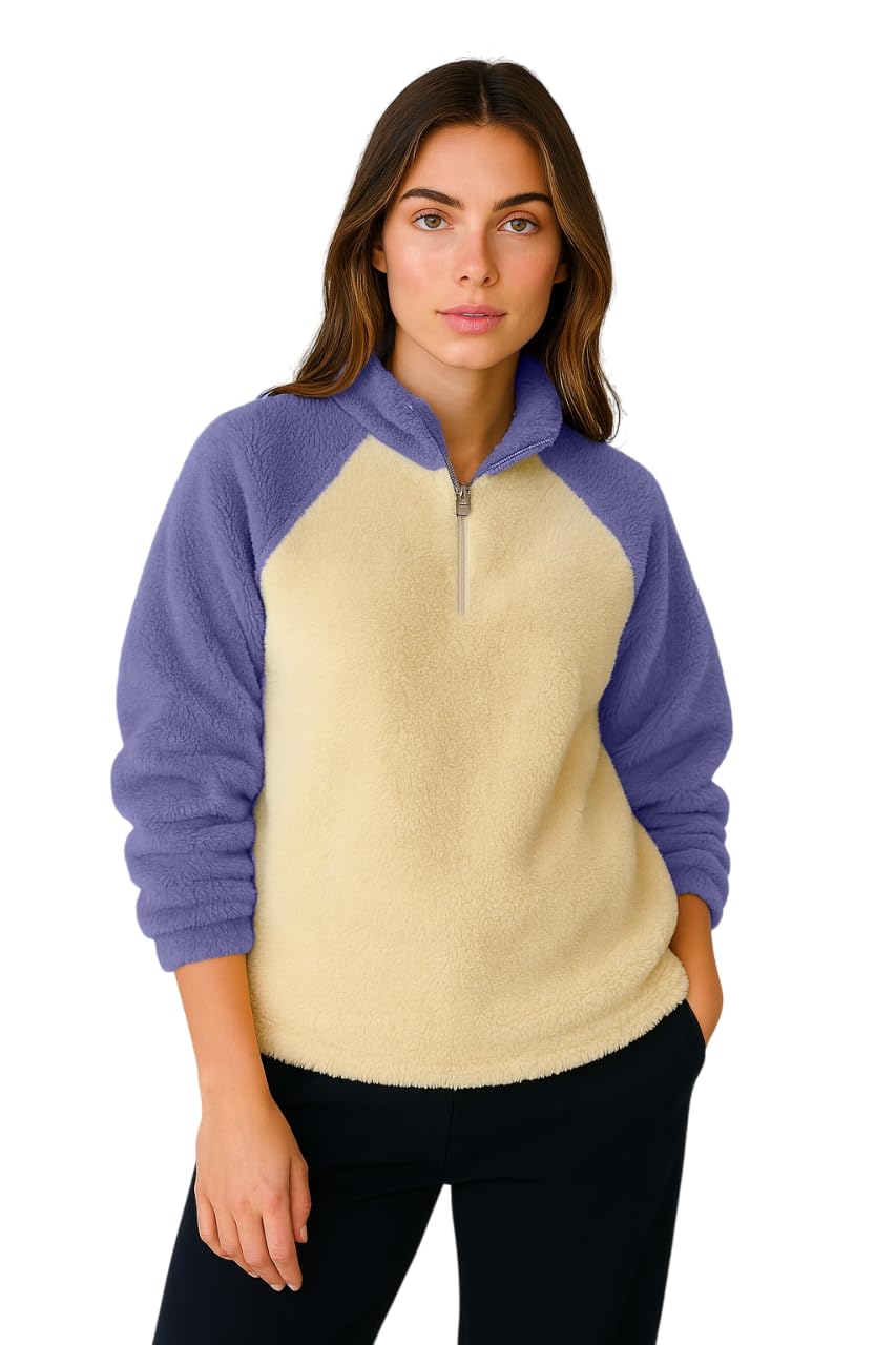 the dry state Women Colour Block Fur Sweatshirt with Collared Neck |Cappucino Foam & Grape Compote - Size M-picture-42