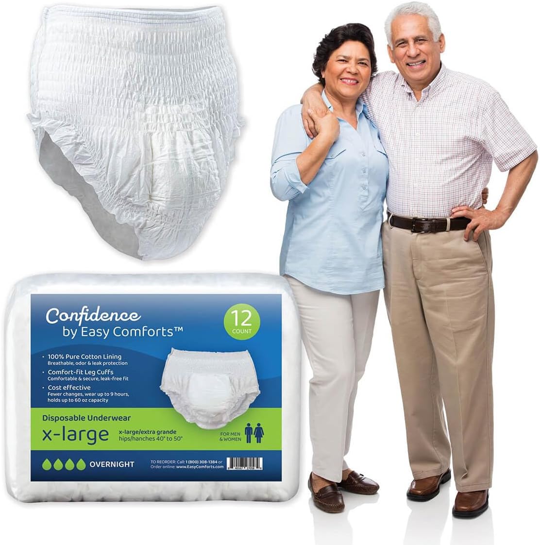Confidence Absorbent Underwear for Seniors, Perfect for Day or Overnight use, Safe for Sensitive Skin, Cotton Liner, Discreet Protection for Men and Women, Size XL, 12 Count Pkg by Easy Comforts