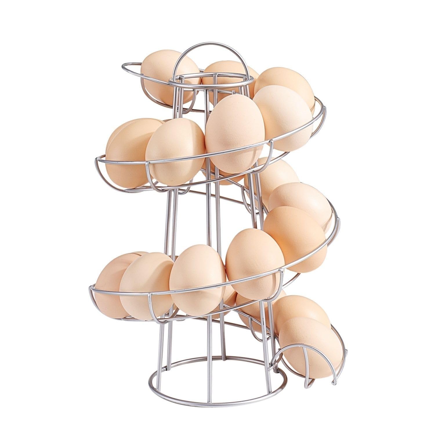 Flexzion Spiral Egg Rack for Fresh Eggs (Medium Egg Display) - Modern Egg Skelter Freestanding Wired Countertop Egg Holder for Fresh Eggs, Dispenser Stand, Storage Rack for Kitchen, Silver