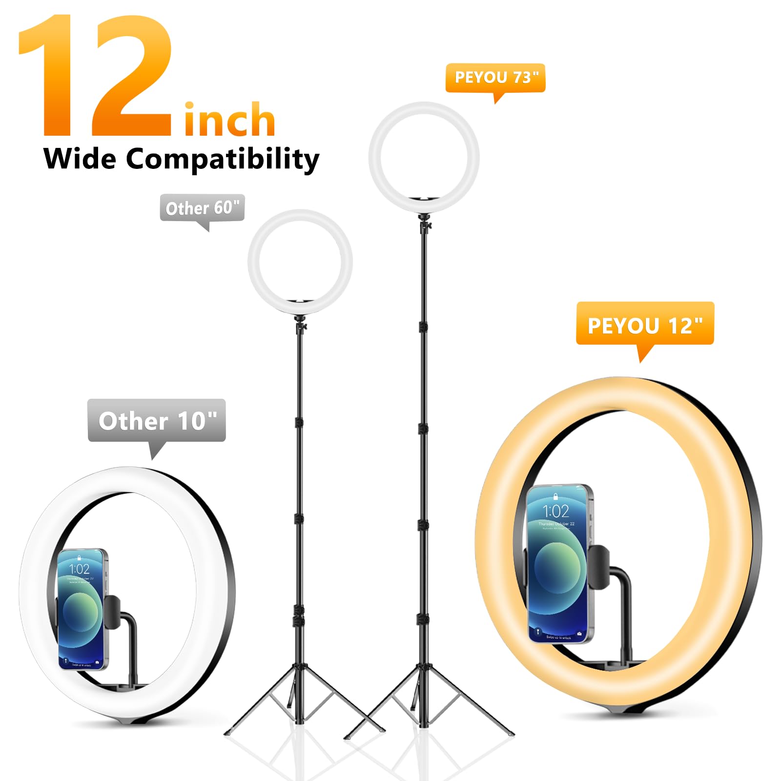 12" Selfie Ring Light with 73" Extendable Tripod Stand: PEYOU Desk Selfie Lights 38 Color Modes, Upgrade 3 in 1 Dimmable Adjustable Speed Ring Light for Makeup/TIK Tok/YouTube: 73 inch