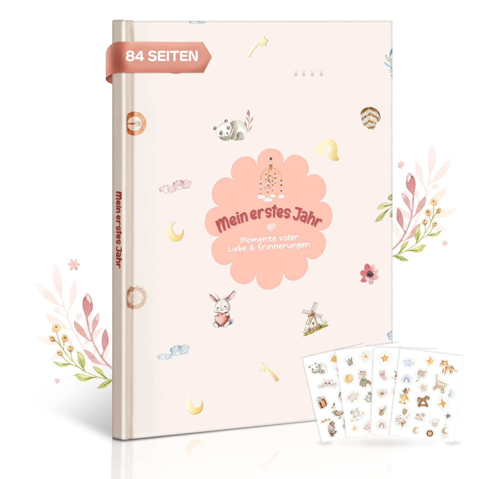 Mein Erstes Jahr Babyalbum – 84 Seiten Hardcover, Boho Design, pädagogisch gestaltet, Erinnerungsbuch für Fotos & Meilensteine – Geschenk zur Geburt & Taufe, Blumenmotiv für Mädchen