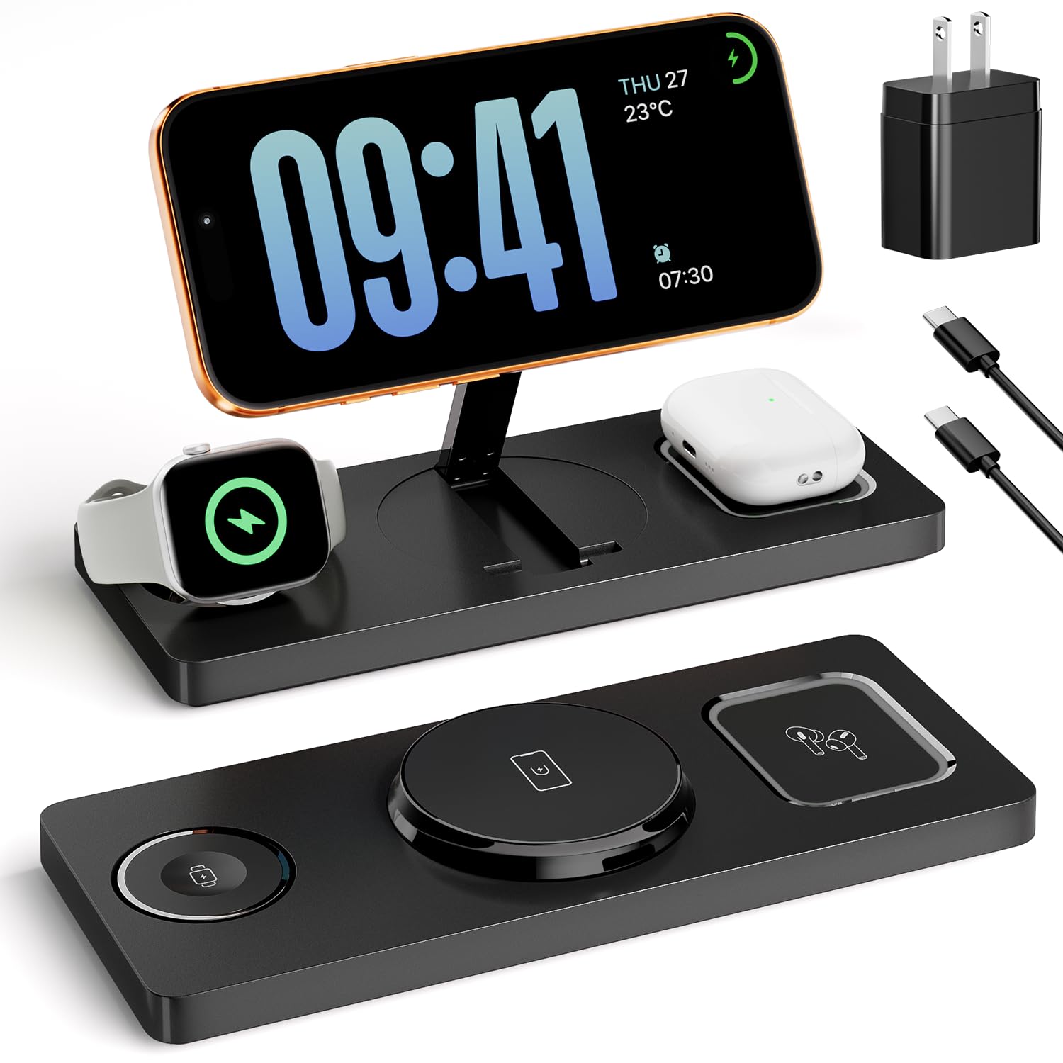 Foldable 3 in 1 Charging Station for Magsafe, Phone and Watch Charger Stand for Apple Devices, Wireless Desk Charger Dock for iPhone 17 16 15 14 13 12 Series, Apple Watch and Airpods