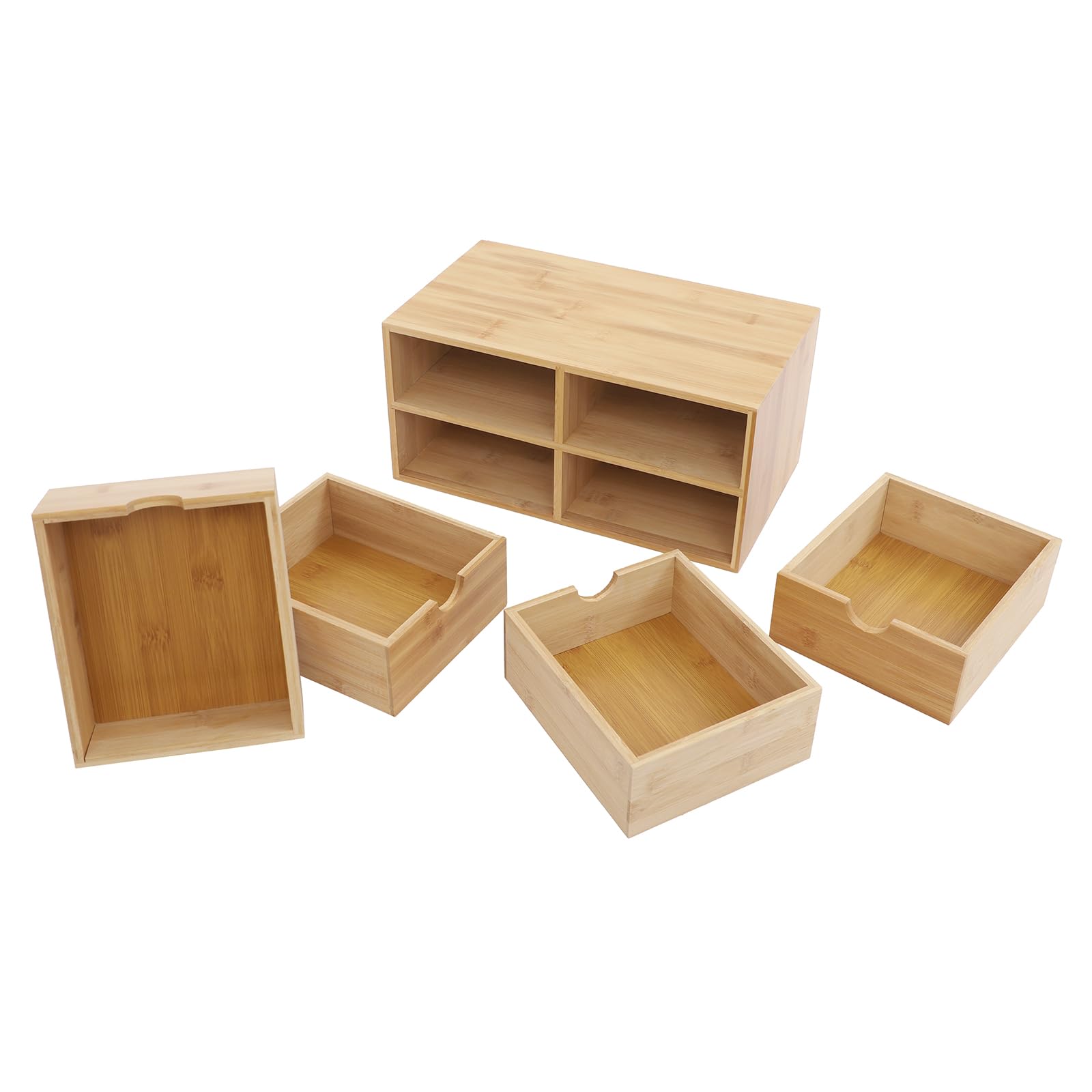 Organizer da scrivania con 4 cassetti, in legno di bambù, organizer da scrivania per riporre cosmetici, libri, lettere, 33 x 19 x 16 cm
