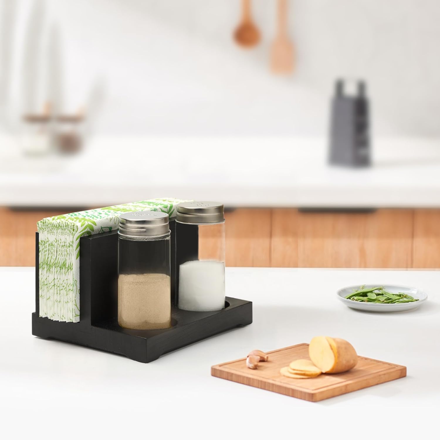AKKO Rustic Napkin Holder with Salt and Pepper Shakers, Wooden Napkin Holder for Table with 2 Spice Bottles, Perfect for Dining Table, Kitchen, Restaurant