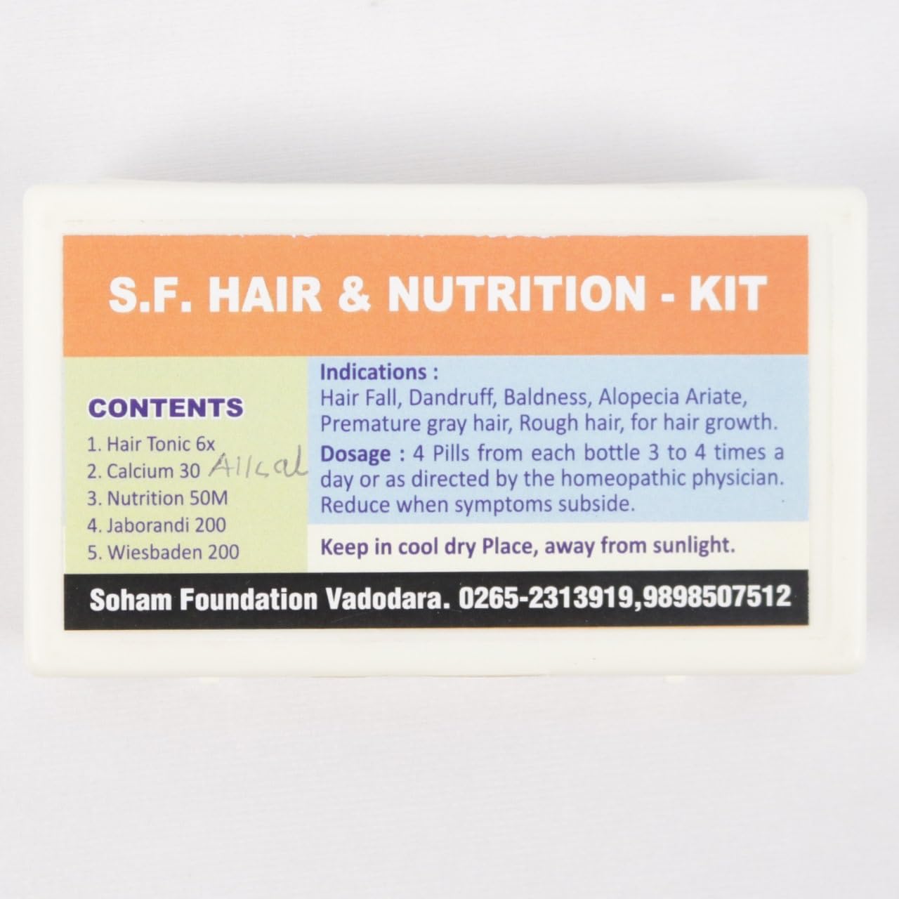S. F. HAIR & NUTRITION -KIT is a ready to use homeopathic medicine kit to stop loss of hair and effectively improving regrowth of the same. This kit fits in your pocket or Purse.