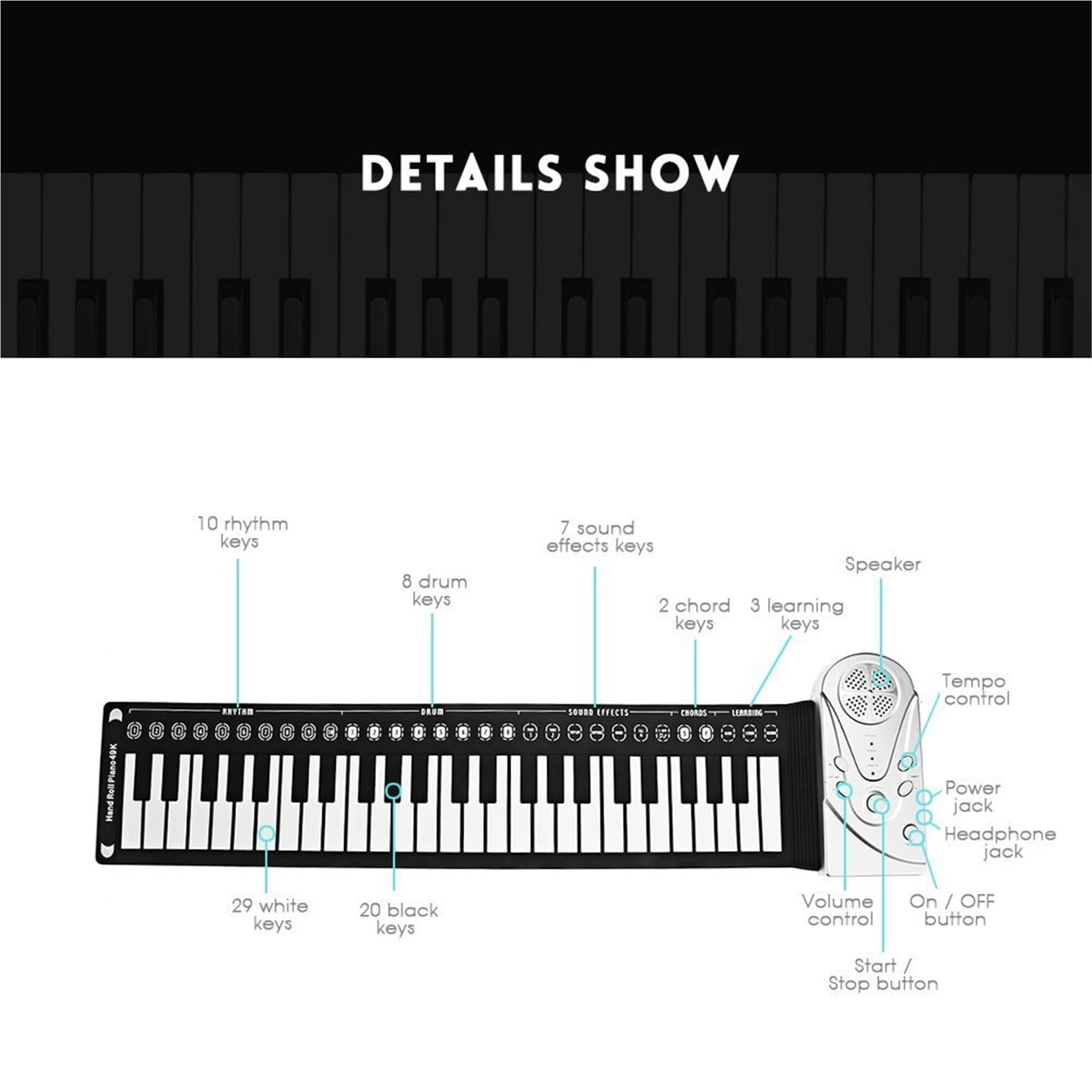 Tastiera Digitale Per Principianti Pianoforte Elettronico Pieghevole Portatile Per Principianti In Silicone Con 49 Tasti Arrotolati A Mano(Black)