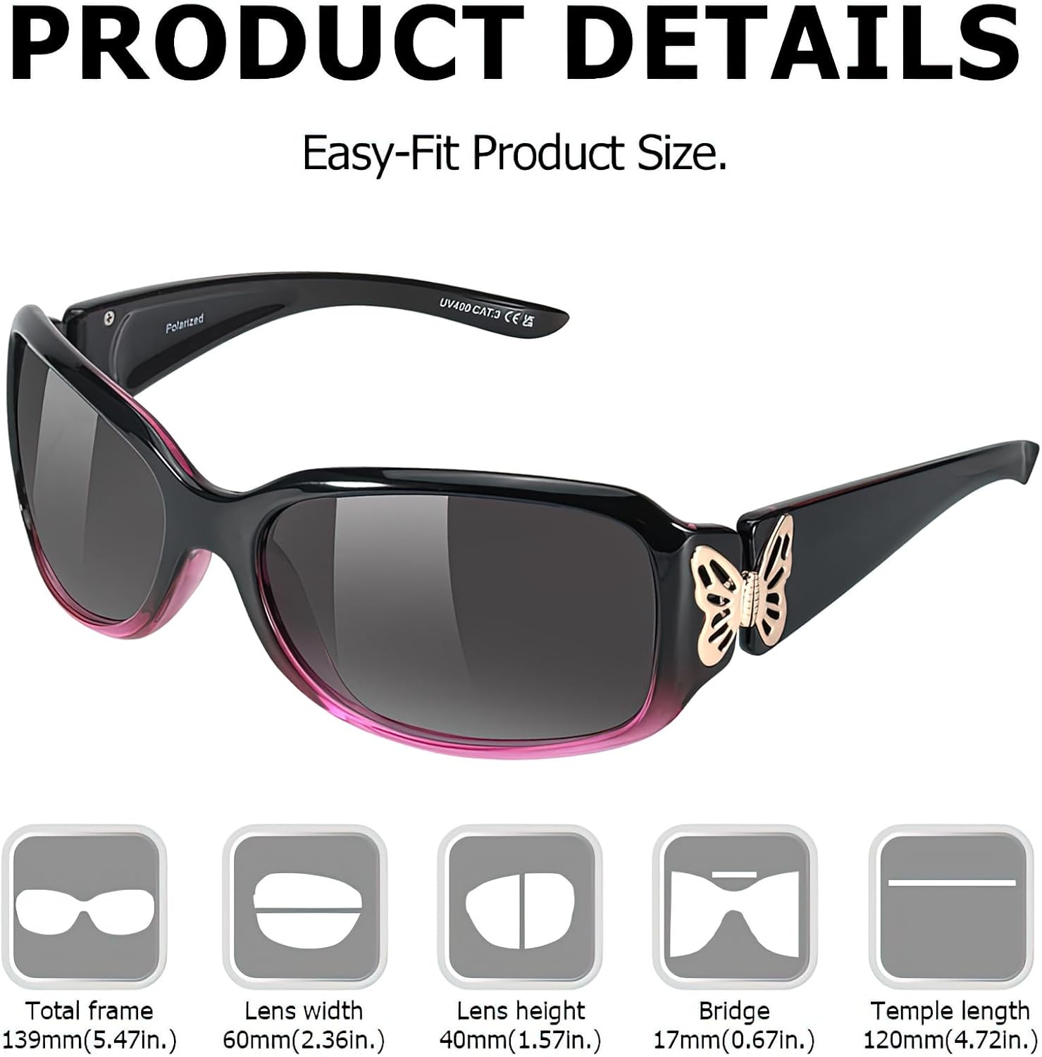 TJUTR Polarized Sunglasses for Women with Wrap Around Butterfly Design, Trendy Jackie-O Style for UV400 Protection - Image 5