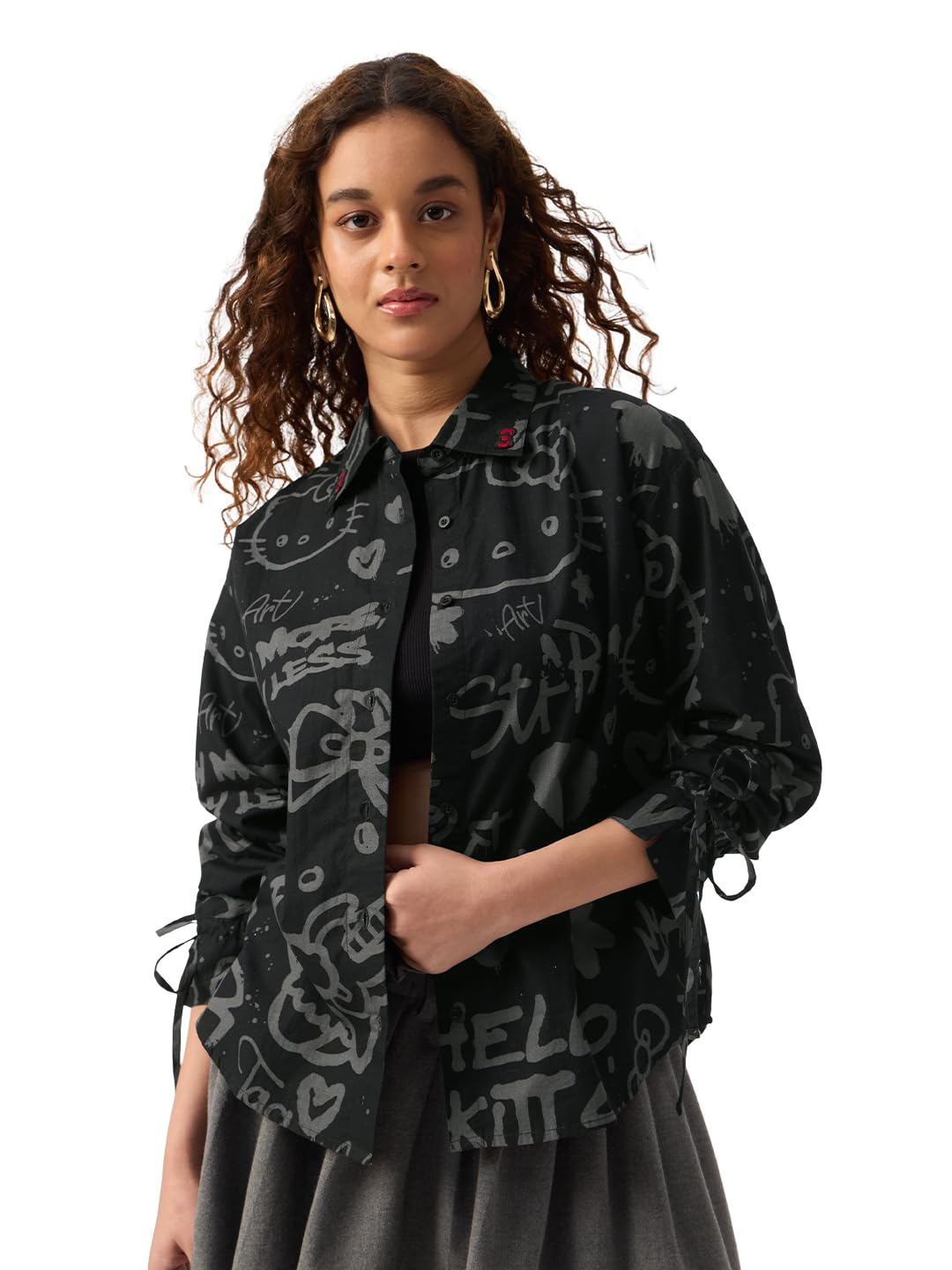 The Souled Store Hello Kitty: The Sketch Women and Girls Full Length Sleeve Collared Black Embroidered Cotton Regular Fit Breathable Lightweight Comfortable Everyday Shirt in black