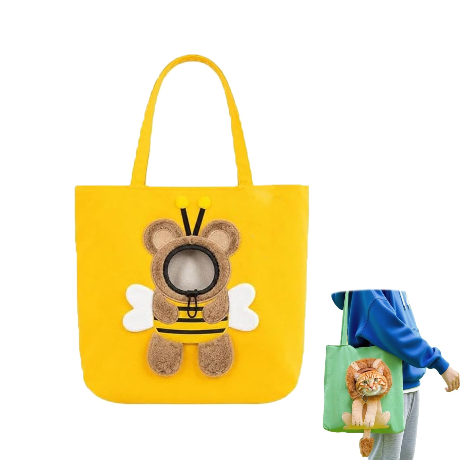 Cute Dew Head Shape Cat Bag, Paw Peek Canvas Pet Carrier Bag，Bee：L
