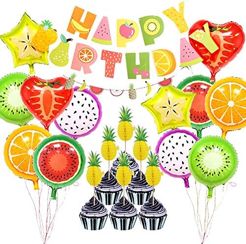 Fruit Themed Birthday Party Decorations Supplies,Fruits HAPPY BIRTHDAY Banner Garland Aluminum Foil Fruit Balloons Pineapple Cupcake Toppers for Baby Shower Kids Summer Birthday Party Bedroom Decor