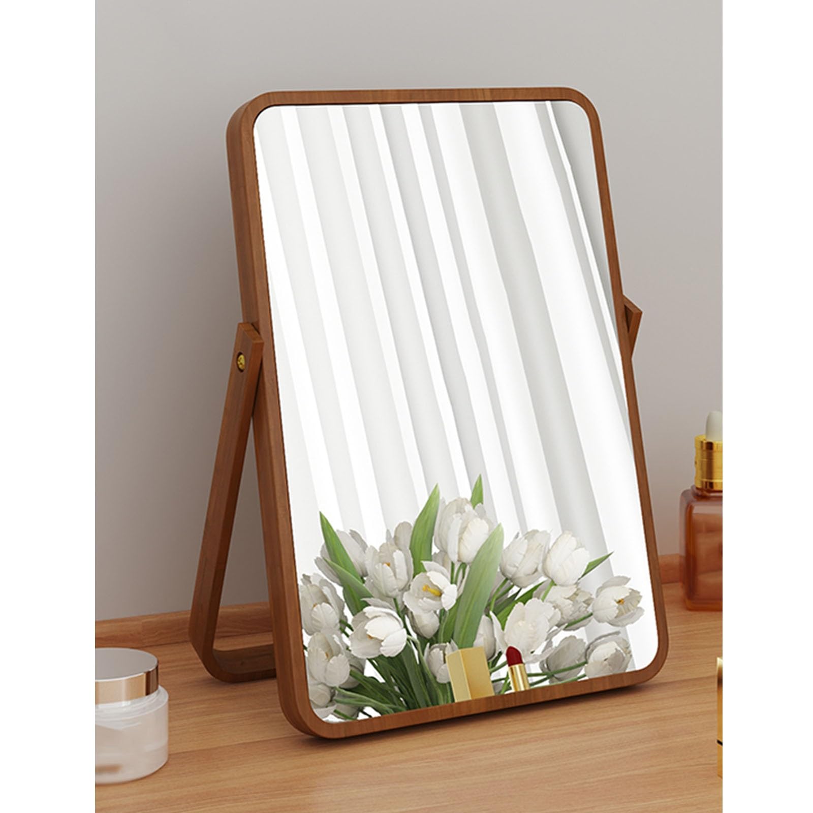 SDCFFC Vanity Makeup Mirror with Natural Stand, Portable Table Desk Countertop Mirror, Wooden Cosmetic Mirror,360°Rotation Vanity Mirror