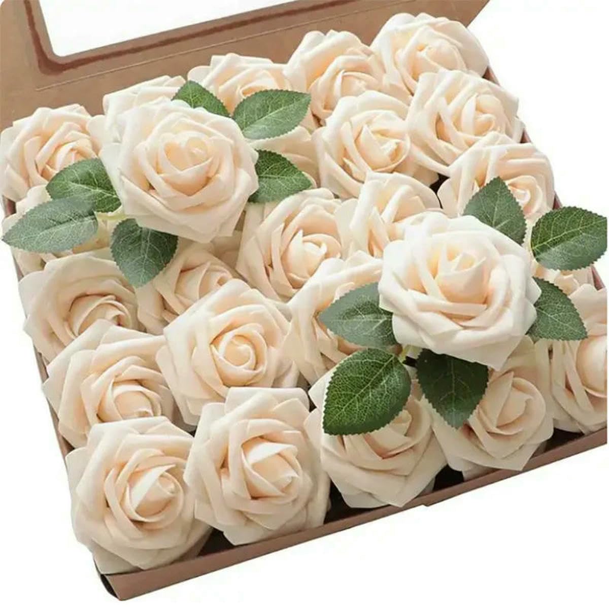 AYHTUD 10~100pcs Rose Artificial Flowers Foam Fake Roses Wedding Bouquets Centerpieces Mothers Day Valentines Party Decoration-champagne-100pcs no box leaves