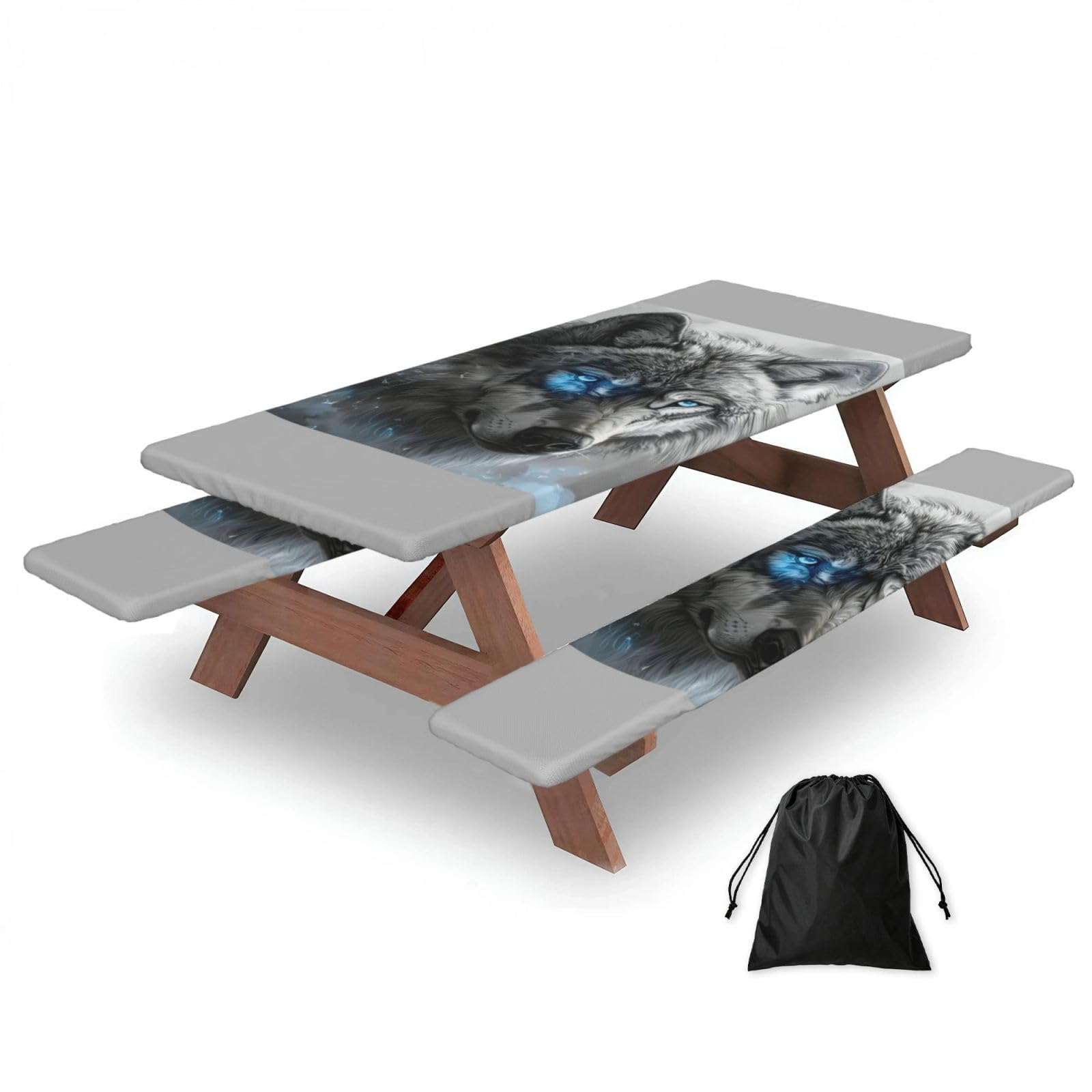 PPHGUT Blue Eyes Wolf Print Picnic Table Bench Cover Set Outdoor Garden Bbq Protector For Family Camping
