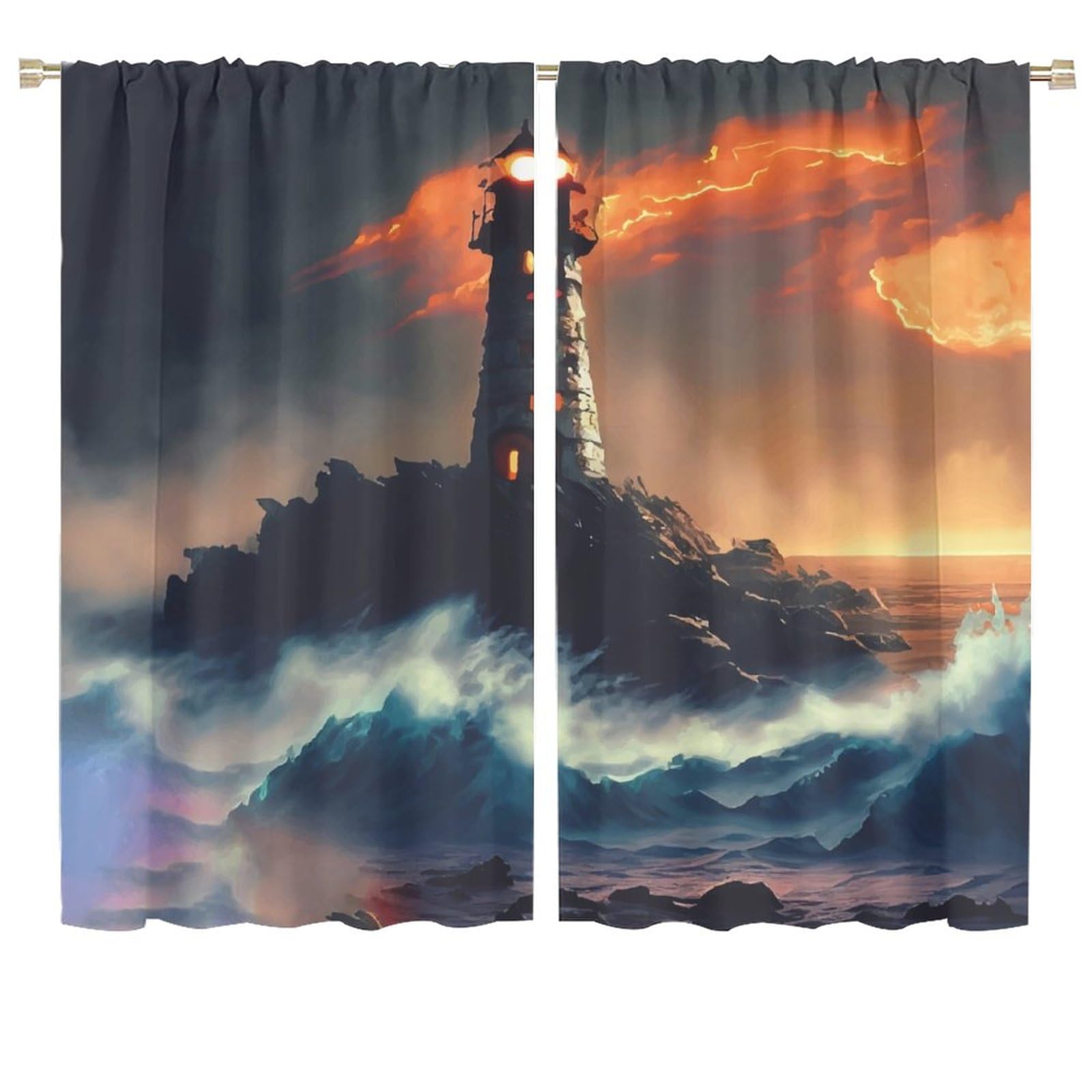 Lighthouse Curtain Gale Rainstorm Sea Wave Lighthouse Blackout Print Rod Pocket Window Drapes for Bedroom Living Room 72x63in