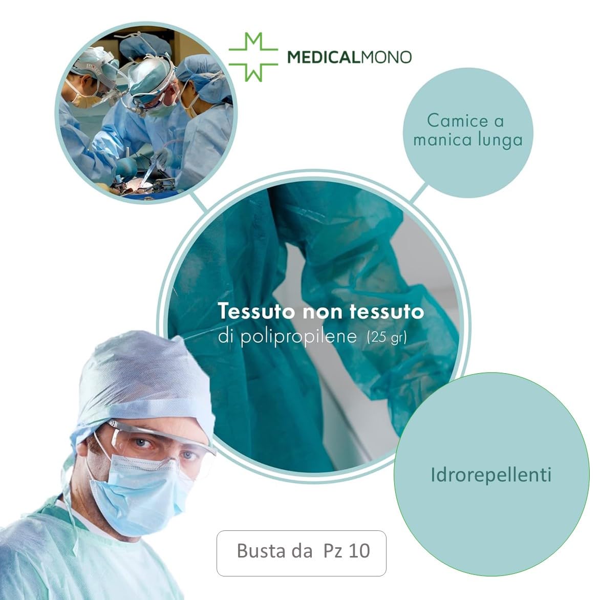 Camici visitatore monouso TNT 25 gr Polsini in Cotone Idrorepellente Verde