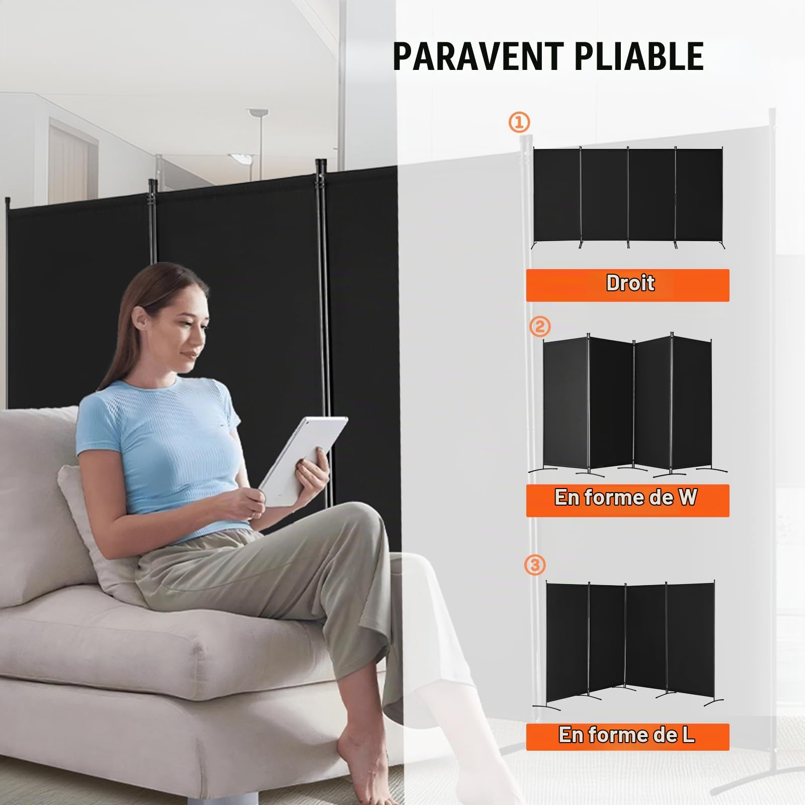 VEVOR Paravent Multifonctionnel à 4 Panneaux, Cloison de Séparation Autoportant 346,4 x 184 cm, Séparateur de Pièces Intérieur Pliable, Brise-Vue pour Confidentialité, Bureau, Chambre, Salon, Noir