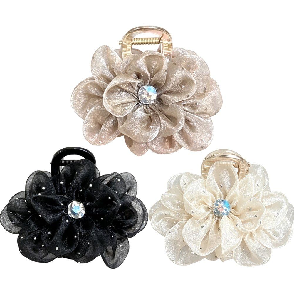 Sslvya 3 Pcs Crystal Mesh Flower Hair Claw Clips for Women Strong Hold Ponytail Holder Non Slip Hair Jaw Clips Hair Accessories