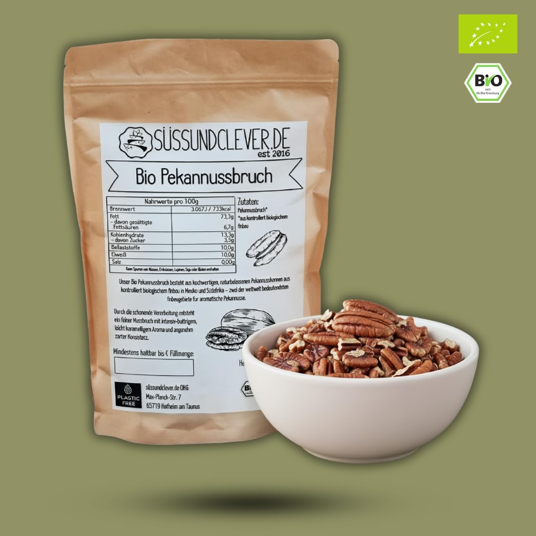 süssundclever.de® Bio Pekannusskerne | 1,0 kg | Pekannussbruch | Pekannussstücke | Pekannus | ökologisch-nachhaltig abgepackt