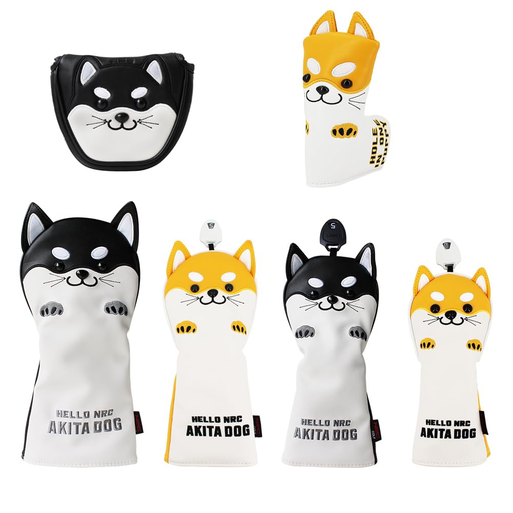 Golf SchläGerkopfhüLlen Golfschlägerkopfhaube for Driver Fairway Hybrid Cute Akita Golfputter-Abdeckung Aus PU-Leder, wasserdichte Schutzabdeckung(Yellow for Driver)