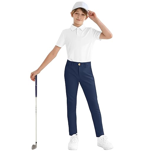 MIVEI Calças de golfe para meninos stretch slim fit frente lisa uniforme escolar jovem chino performance cáqui calça social com bolso com zíper