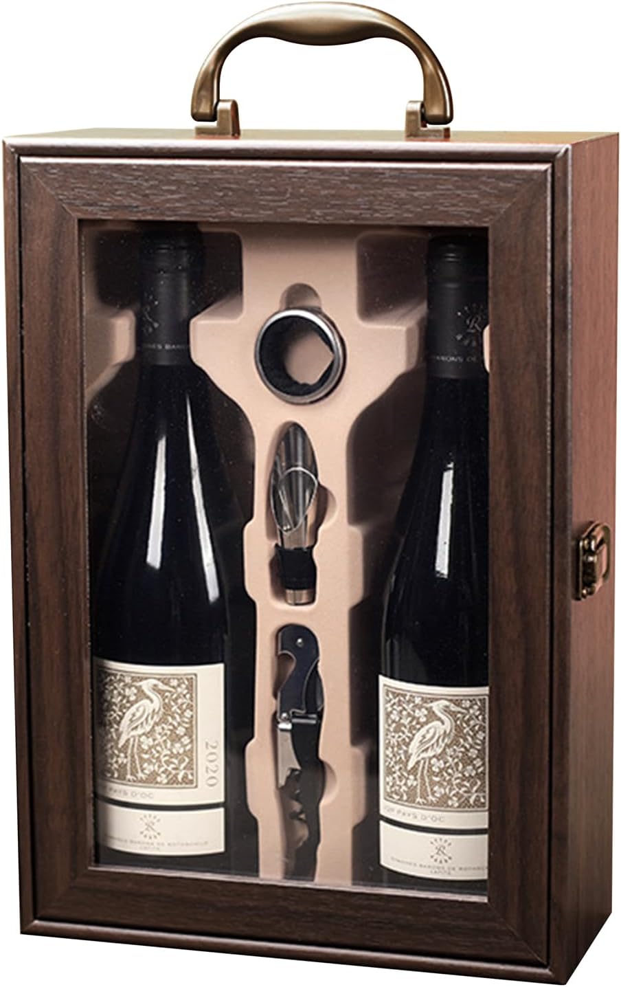 Wine Gift Box with Clear Window, 2 Bottle Top Handle with 3 Wine Accessory, Retro Wood Bottle Holder, Wine Storage Box for Wedding Party Gift Birthday Home Storage and Wine Tasting Party