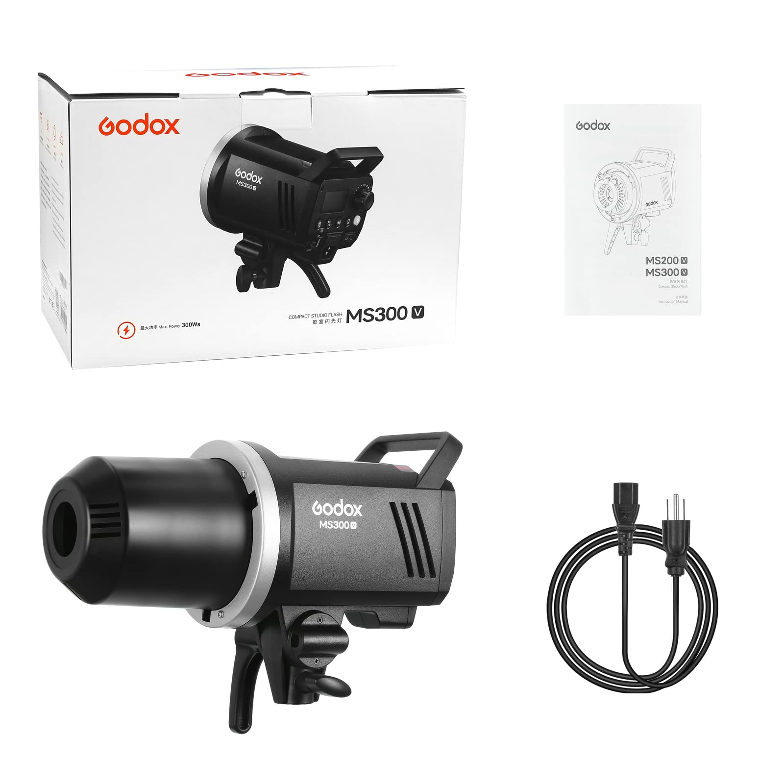 Godox MS300-V Compact Studio Flash 300W GN58 5800K 2.4G, Tempo di Riciclaggio 0.1-1.3s, Bowens Mount, con Regolabile LED Modellabile Lampada (MS300V)