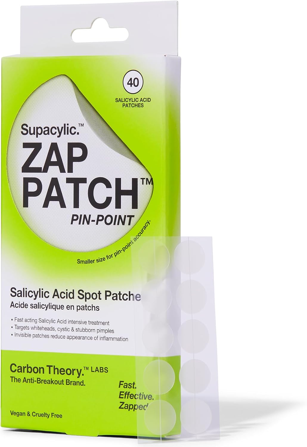 Carbon Theory Supacylic Pin Point Zap Patch – 40 x Onzichtbare Puistjes Salicylzuur – Spot Treatment Acne Patches – Whitehead Remover en Puistjes – Veganistische Acne Behandeling