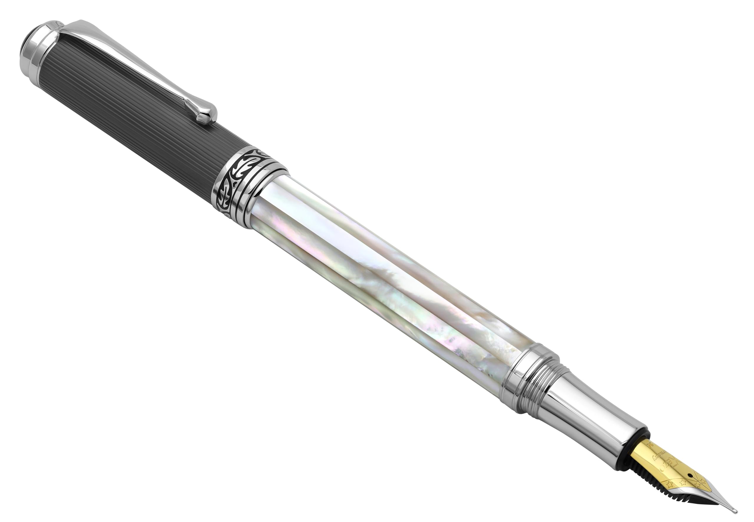 Xezo Pluma estilográfica Maestro, plumín medio. Nácar blanco iridiscente del océano con revestimiento de carbono tipo diamante PVD. Numerada, cada pluma es única