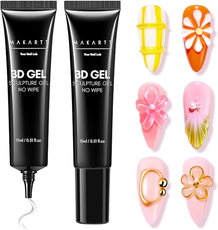 3D Nail Gel, 2 Pcs 15g Nail Sculpting Gel for Molding and Drawing | No Wipe, Clear Rhinestone Glue, Gems Decoration, Carving and Painting Nail Art