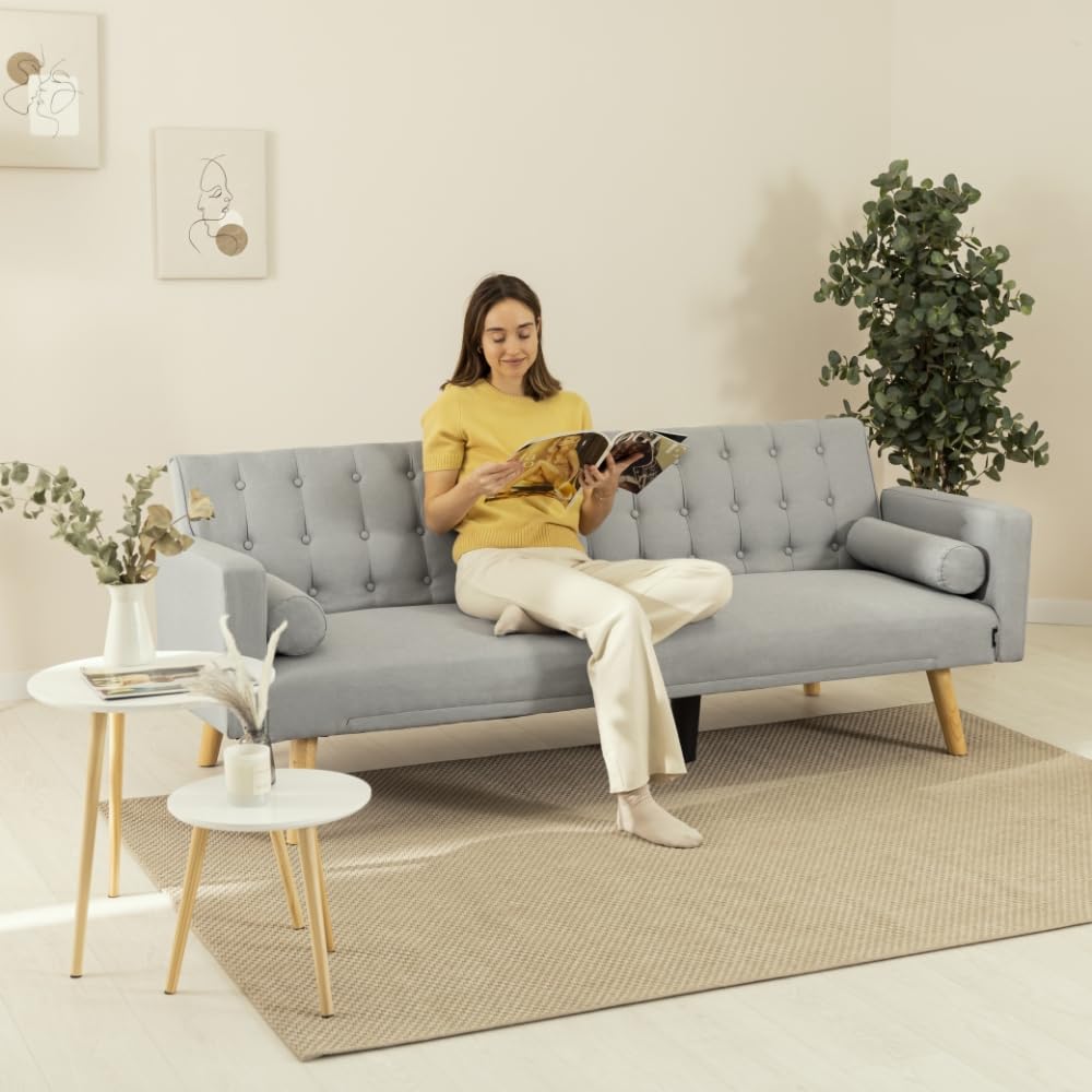 Nalui - Divano Letto 3 Posti Clic Clac 203x82x78cm One Dots con 2 Cuscini e Piedi Legno | Reclinazione Regolabile | Grigio