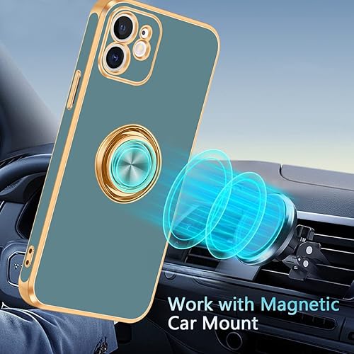Miniatura 4 de Fingic Funda para iPhone 12 iPhone 12 con soporte de anillo soporte magnético de anillo giratorio de 360 borde dorado chapado brillante funda