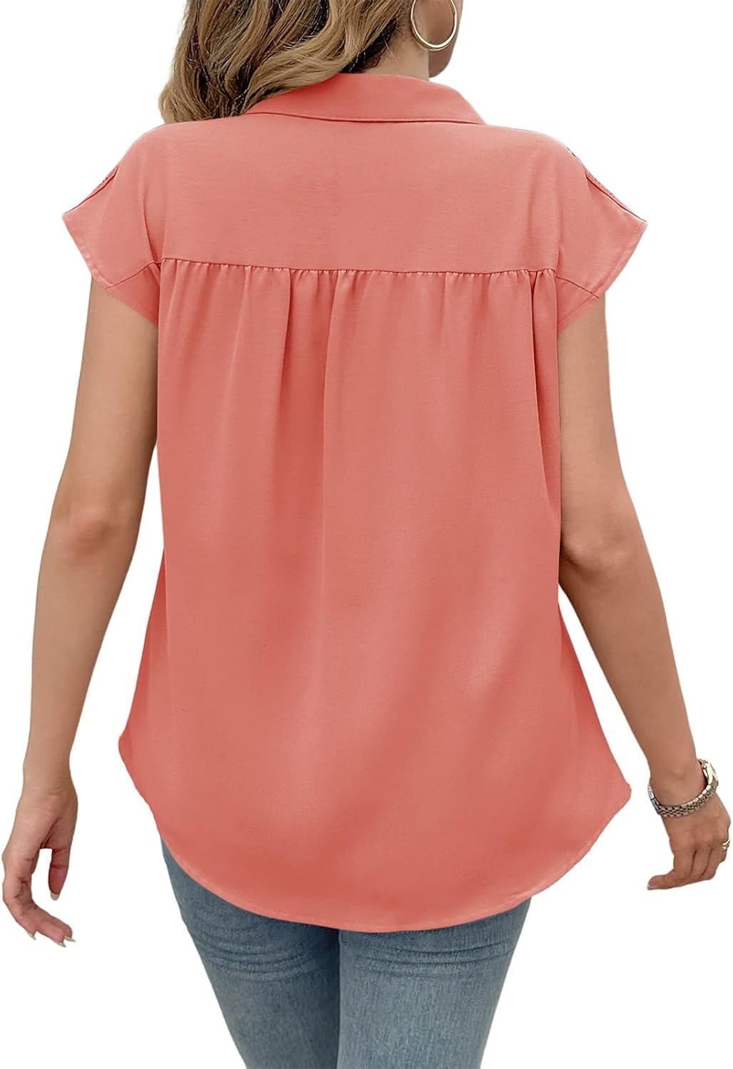 Yousify Womens Dressy Casual Tops Business Work Blouses Button Down Shirts Cap Sleeve V Neck Tshirt - Image 6